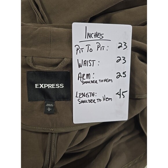 Express Duster Coat Olive Green Womens L Trench Belted Slouchy Grunge Lagenlook - Picture 6 of 7